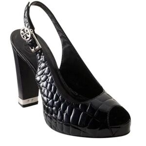 Tory Burch Black Croc Embossed Peep Toe Pumps